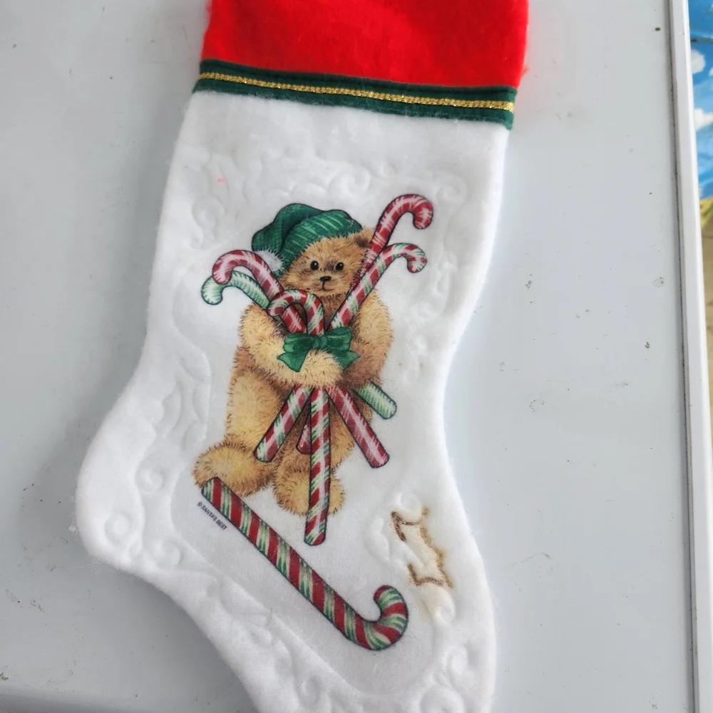 White Christmas Stocking with Bear & Candy Cane Design – Festive Holida